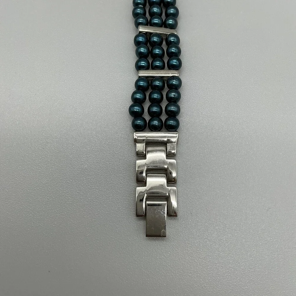 Denacci Womens Watch 22mm Silver Dial Green Bead Bracelet Rhinestone New Battery